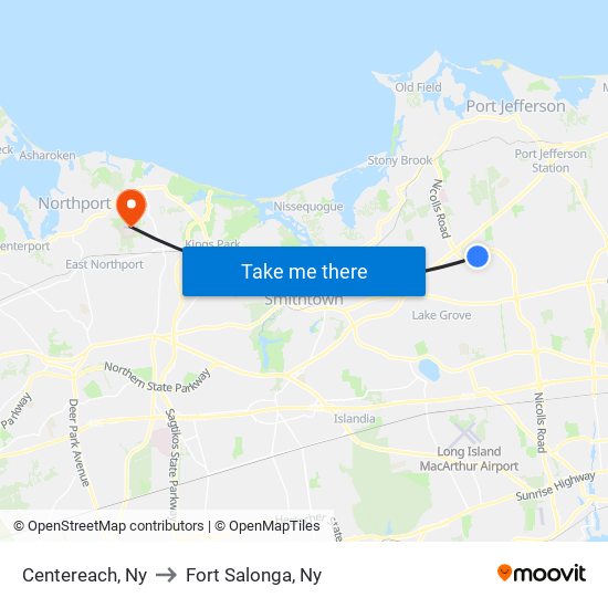 Centereach, Ny to Fort Salonga, Ny map