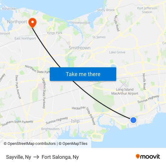 Sayville, Ny to Fort Salonga, Ny map