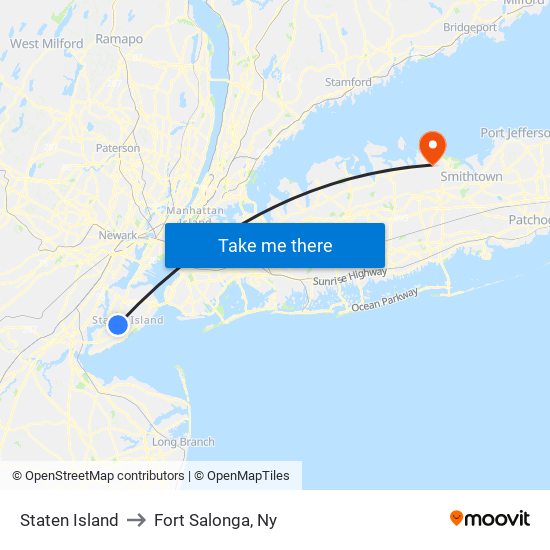 Staten Island to Fort Salonga, Ny map