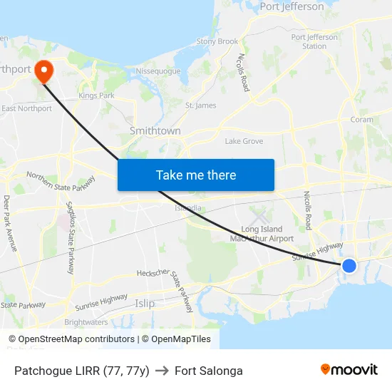 Patchogue LIRR (77, 77y) to Fort Salonga map