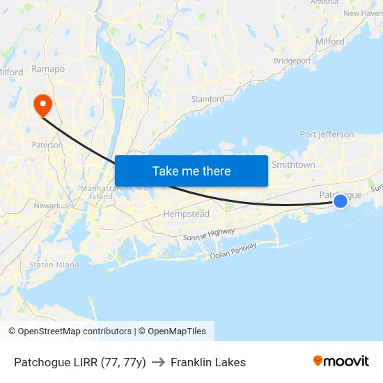 Patchogue LIRR (77, 77y) to Franklin Lakes map