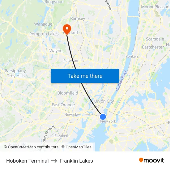 Hoboken Terminal to Franklin Lakes map