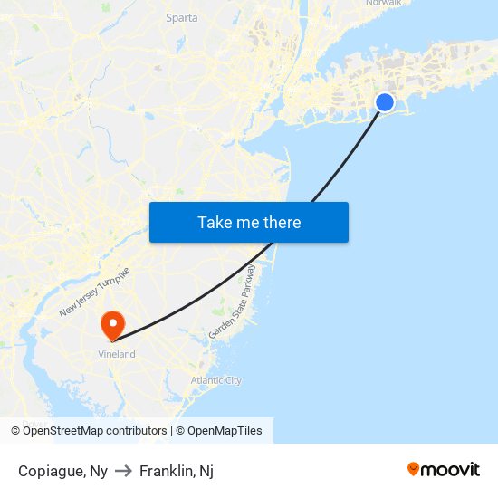 Copiague, Ny to Franklin, Nj map