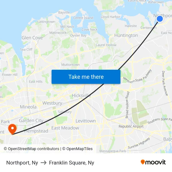 Northport to Franklin Square, Ny map
