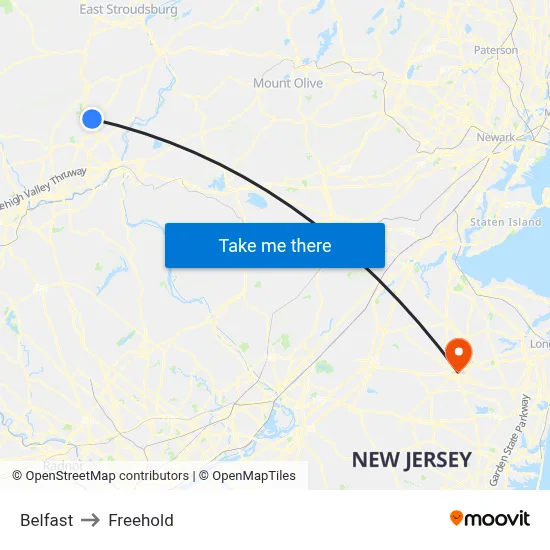 Belfast to Freehold map