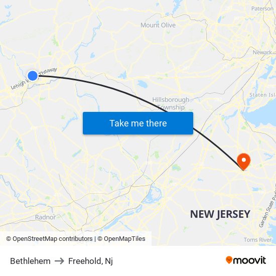 Bethlehem to Freehold, Nj map