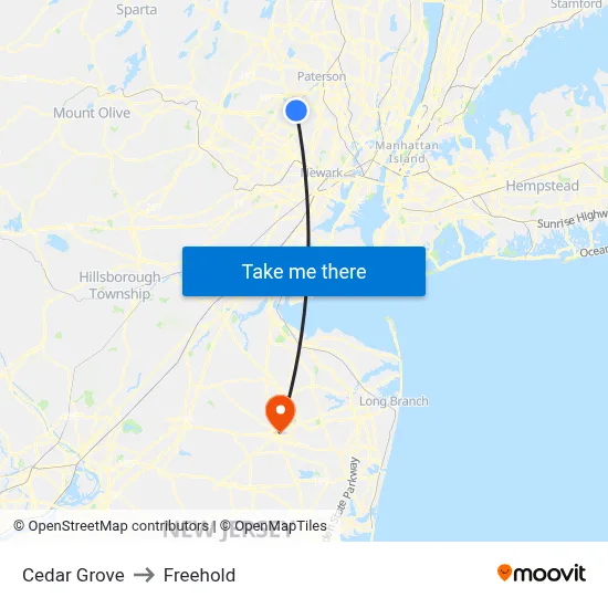 Cedar Grove to Freehold map
