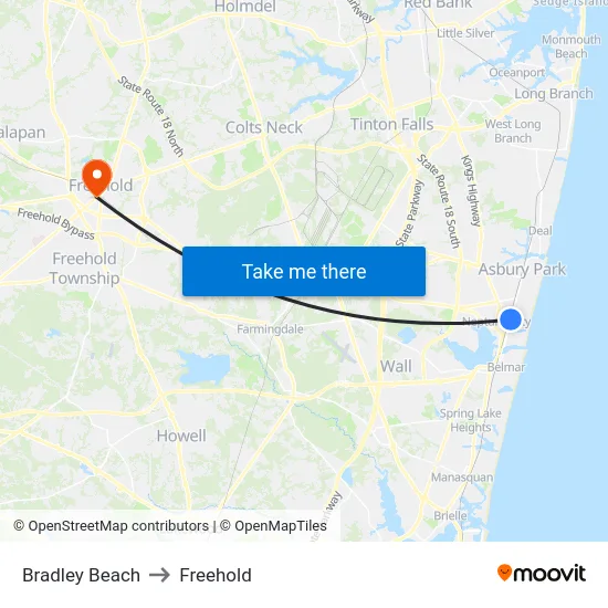 Bradley Beach to Freehold map