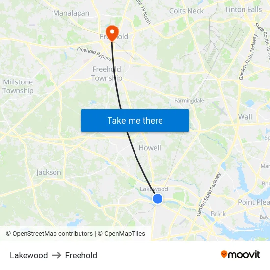 Lakewood to Freehold map