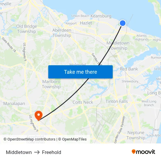 Middletown to Freehold map