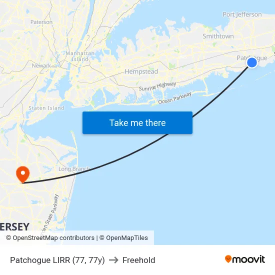 Patchogue LIRR (77, 77y) to Freehold map