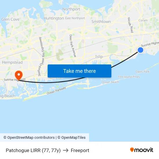 Patchogue LIRR (77, 77y) to Freeport map