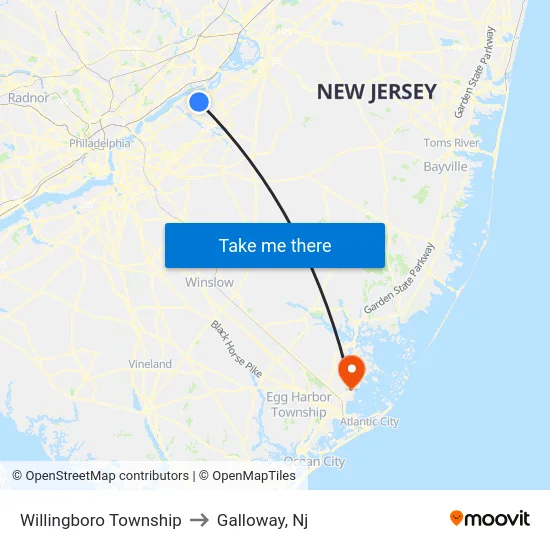 Willingboro Township to Galloway, Nj map