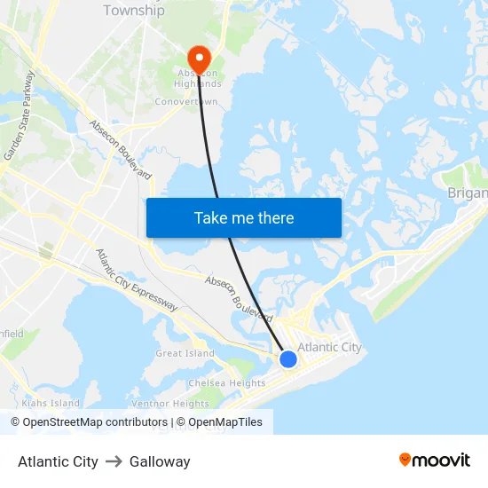 Atlantic City to Galloway map
