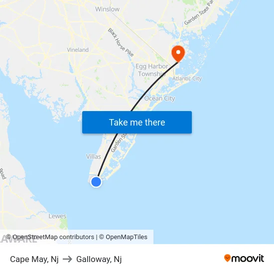 Cape May to Galloway, Nj map