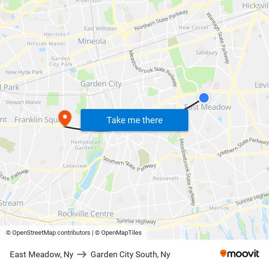 East Meadow, Ny to Garden City South, Ny map