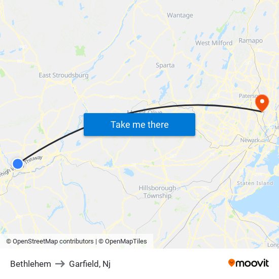 Bethlehem to Garfield, Nj map