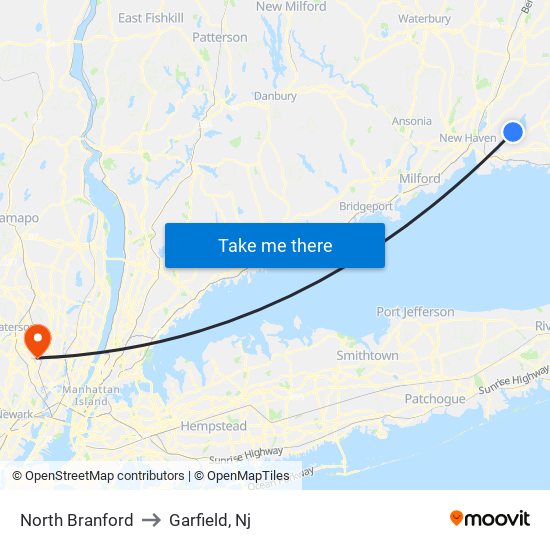 North Branford to Garfield, Nj map