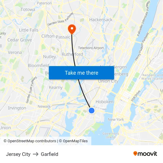 Jersey City to Garfield map