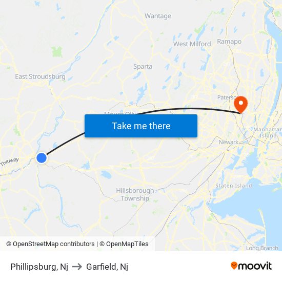 Phillipsburg, Nj to Garfield, Nj map