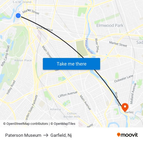Paterson Museum to Garfield, Nj map