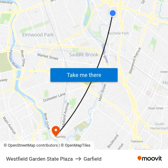 Westfield Garden State Plaza to Garfield map