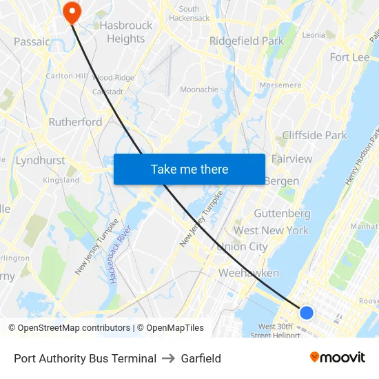 Port Authority Bus Terminal to Garfield map