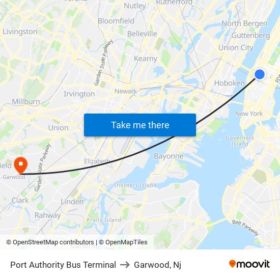 Port Authority Bus Terminal to Garwood, Nj map
