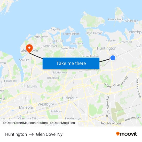 Huntington to Glen Cove, Ny map