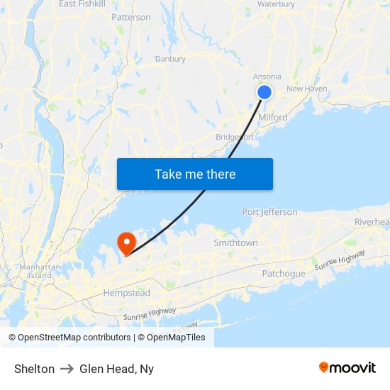 Shelton to Glen Head, Ny map