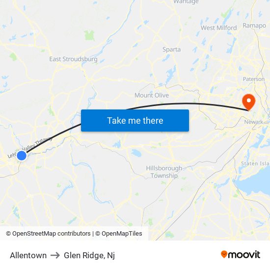 Allentown to Glen Ridge, Nj map