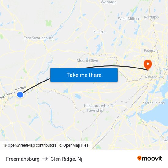 Freemansburg to Glen Ridge, Nj map