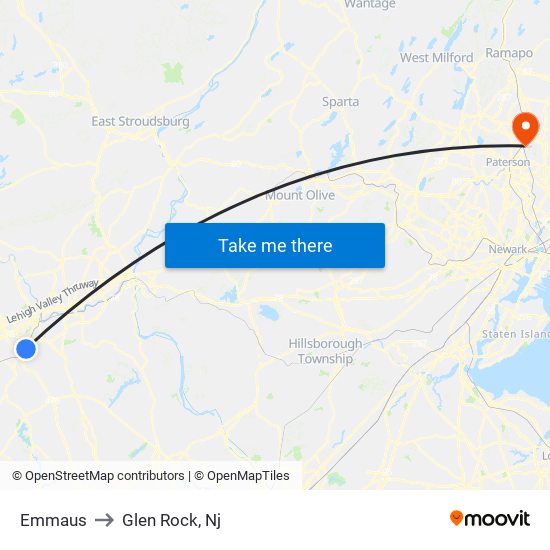 Emmaus to Glen Rock, Nj map