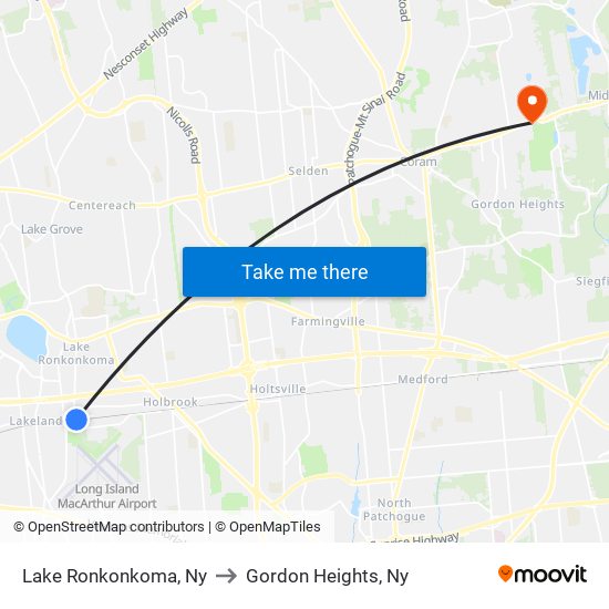 Lake Ronkonkoma, Ny to Gordon Heights, Ny map