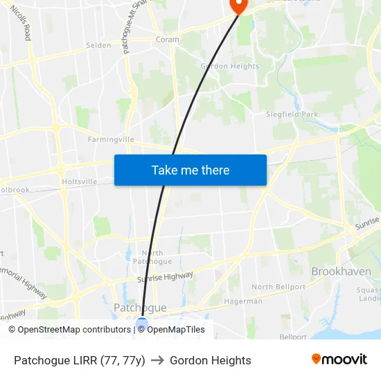 Patchogue LIRR (77, 77y) to Gordon Heights map