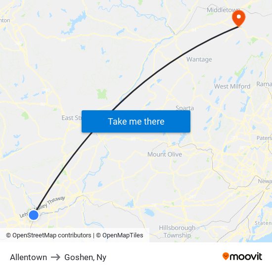 Allentown to Goshen, Ny map