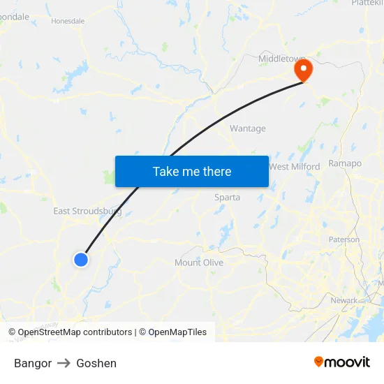 Bangor to Goshen map