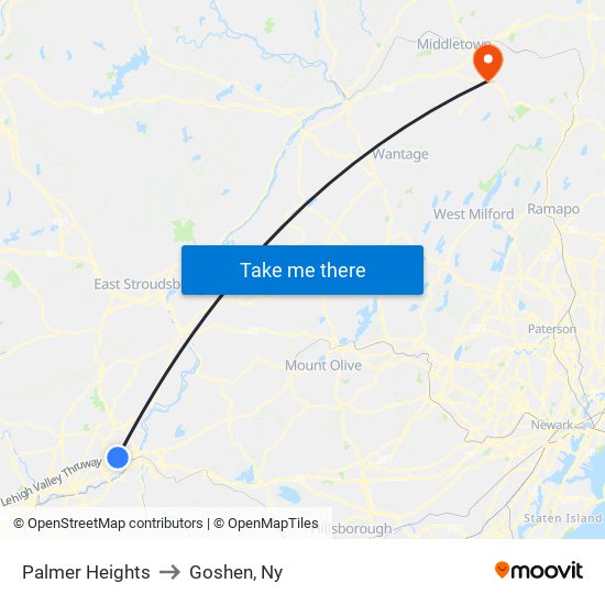 Palmer Heights to Goshen, Ny map