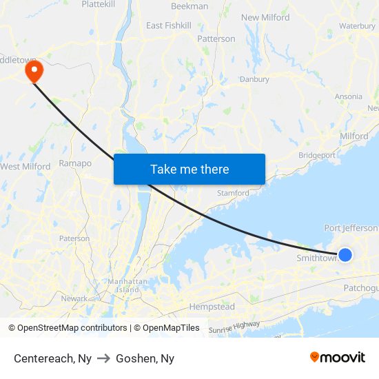 Centereach, Ny to Goshen, Ny map