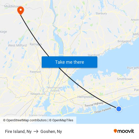 Fire Island, Ny to Goshen, Ny map