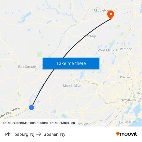 Phillipsburg, Nj to Goshen, Ny map