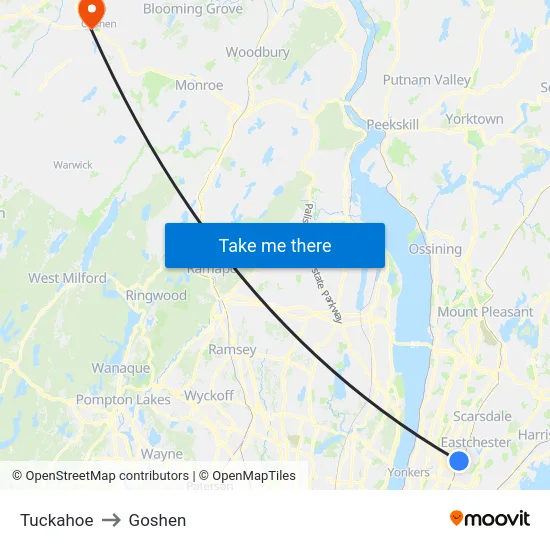 Tuckahoe to Goshen map