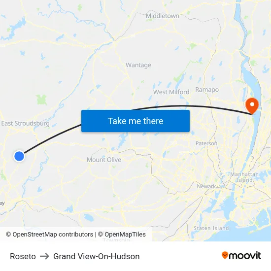 Roseto to Grand View-On-Hudson map