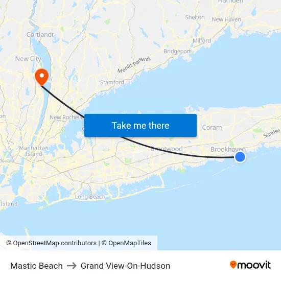 Mastic Beach to Grand View-On-Hudson map