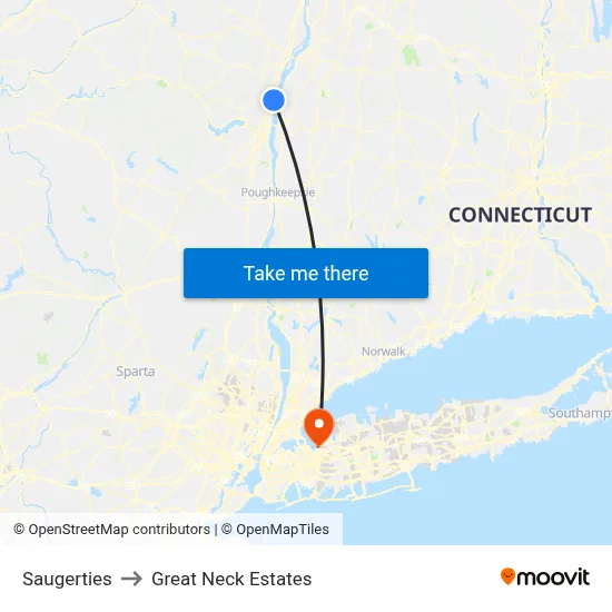 Saugerties to Great Neck Estates map