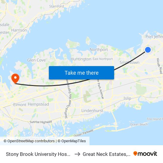 Stony Brook University Hospital to Great Neck Estates, Ny map