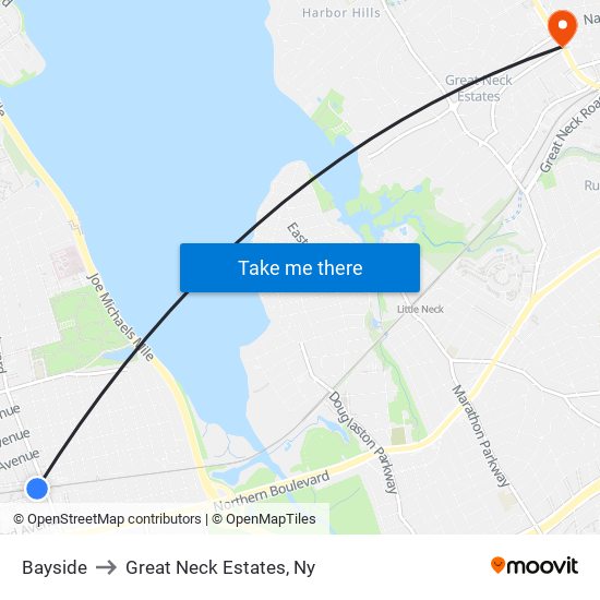 Bayside to Great Neck Estates, Ny map