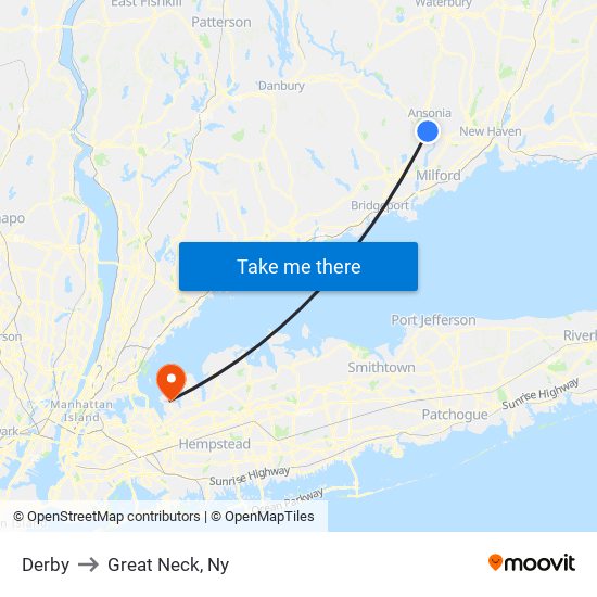 Derby to Great Neck, Ny map