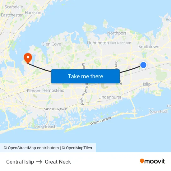 Central Islip to Great Neck map
