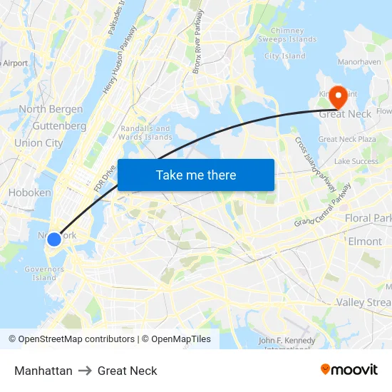 Manhattan to Great Neck map